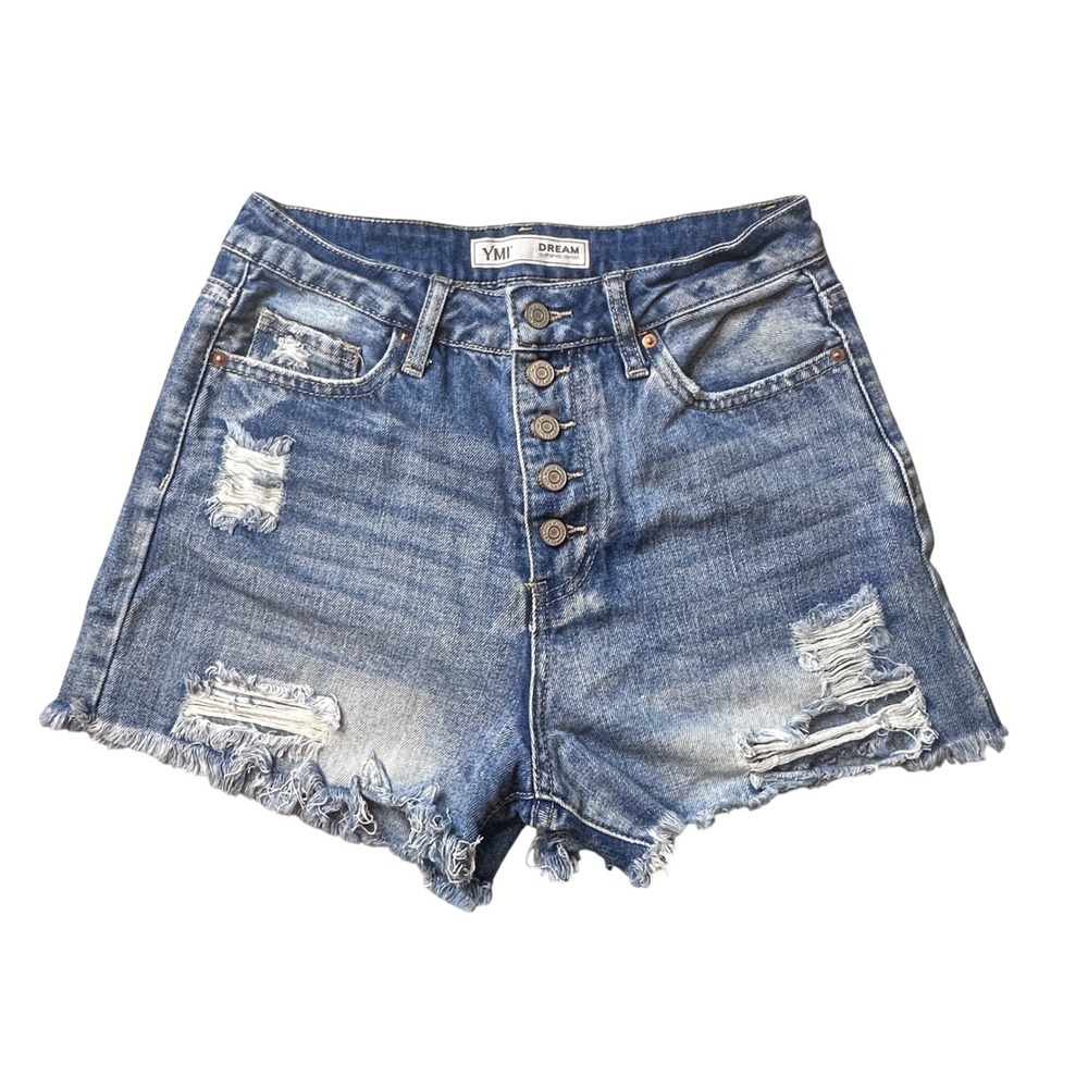 YMI Denim Shorts Womens 5/27 Blue Dream High Rise Button Fly Distressed Cut Off